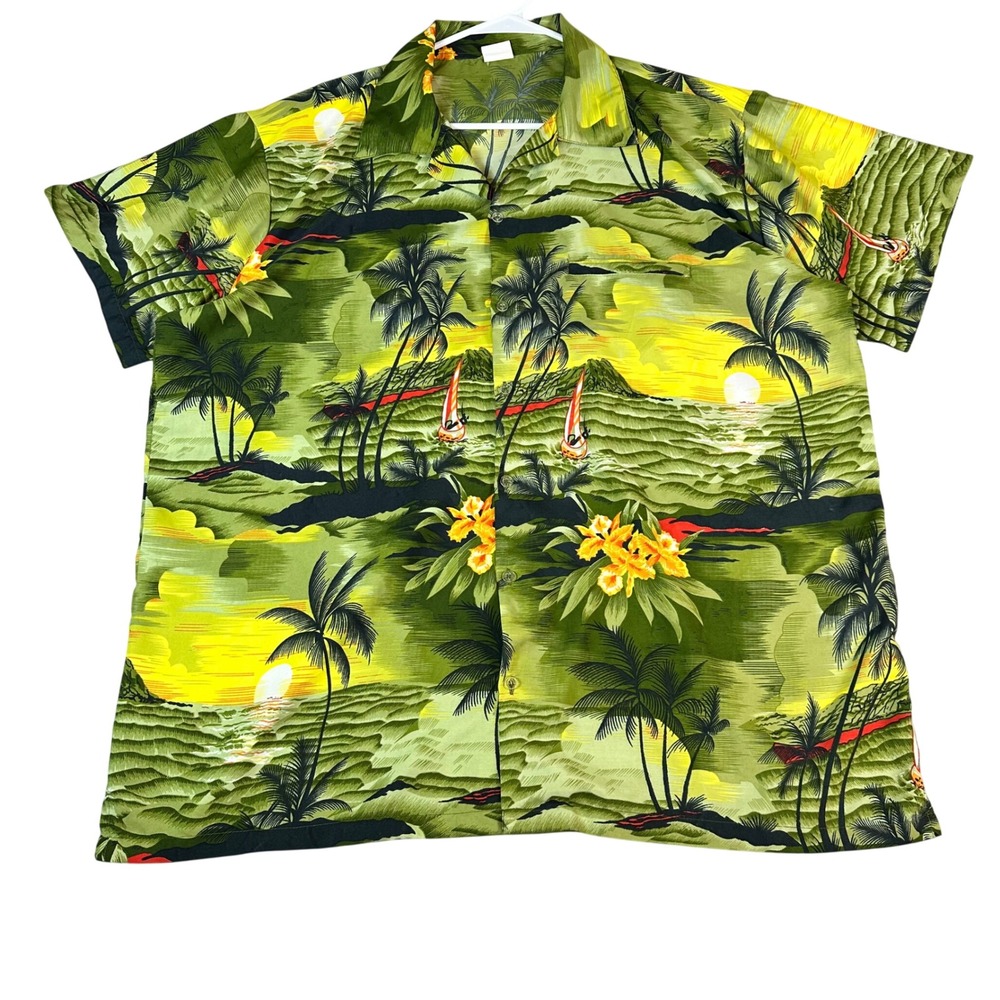 King Kameha Mens 2XL Hawaiian Shirt Green Tropical Island Sunset Palm Tree Print